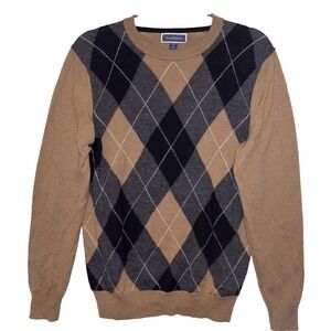 Club Room Merino‎ Wool Mens Argyle Pullover Crewneck Sweater Brown Black Small